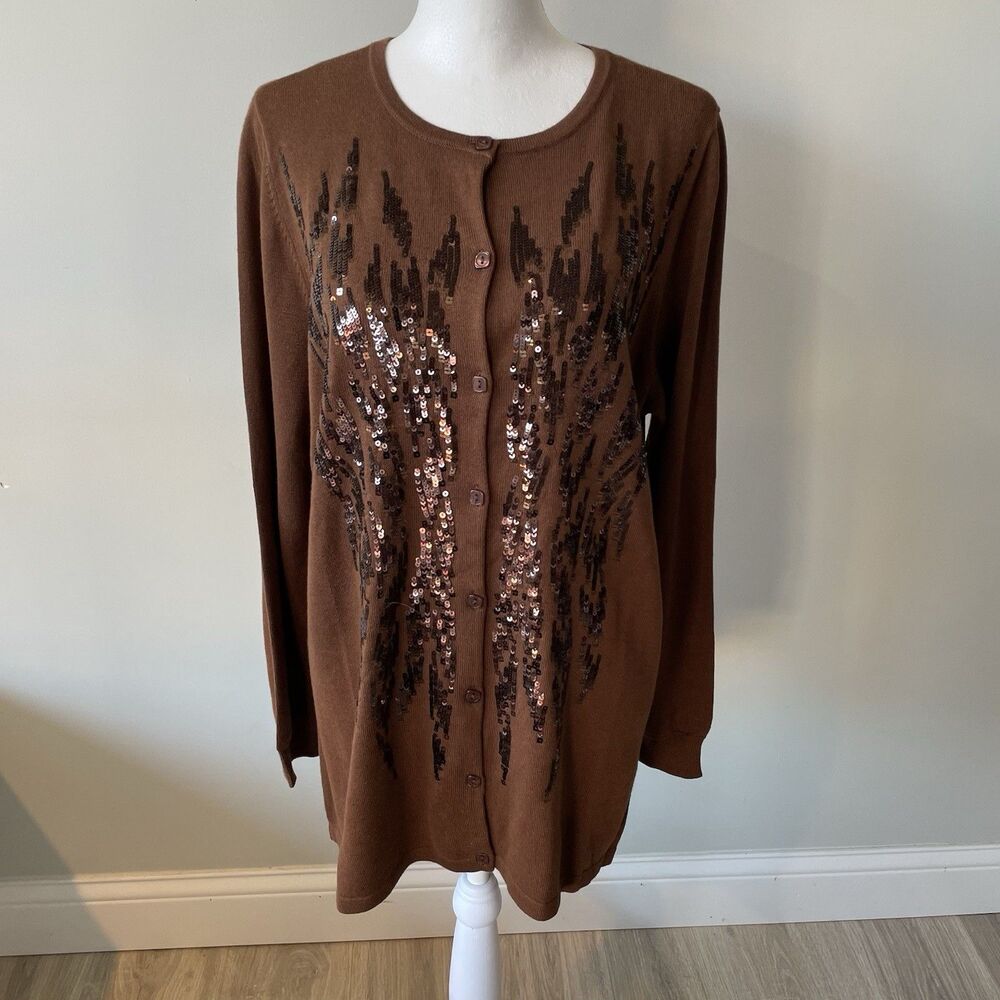 NEW Bob Mackie Chocolate Brown Cardigan Sweater Sequin Wearable Art Women’s Sz M
